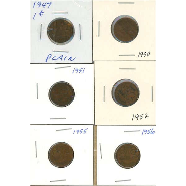 (6) Canadian Pennies 1947-1956