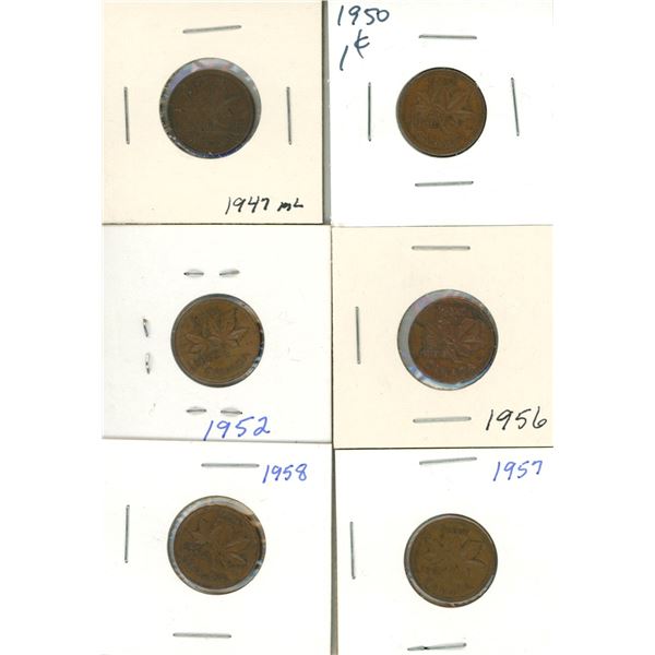 (6) Canadian Pennies 1947-1958