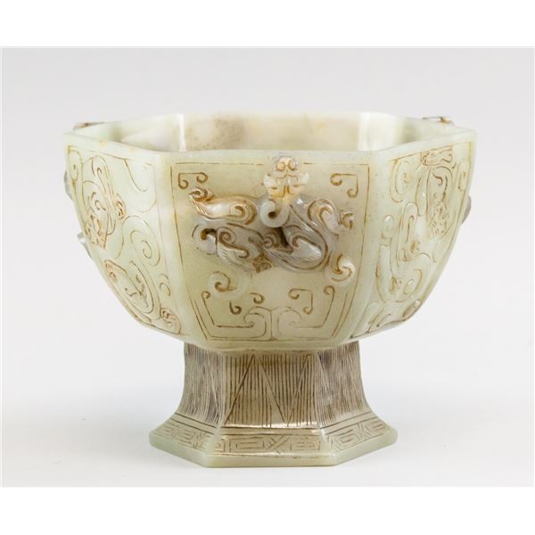 Chinese Green Jade Dragon Hexagonal Stem Cup