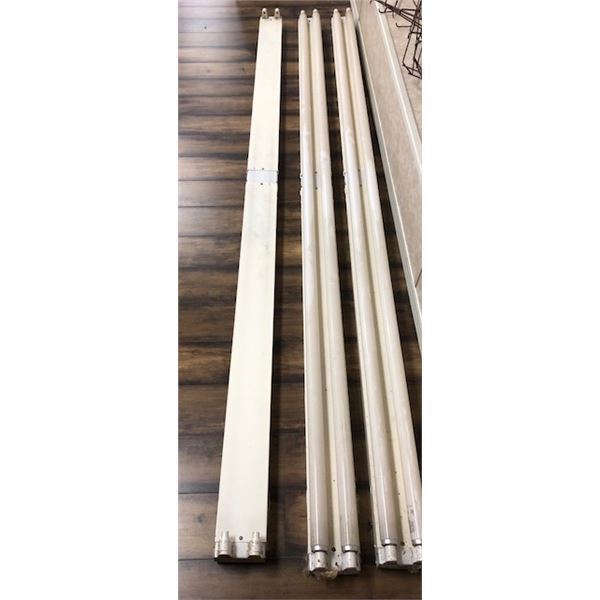 Fluorescent lights, 8' long. 2 with bulbs, 1 without bulbs.
