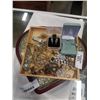Image 2 : HEART JEWELRY BOX AND TRAY OF RHINESTONE JEWELRY