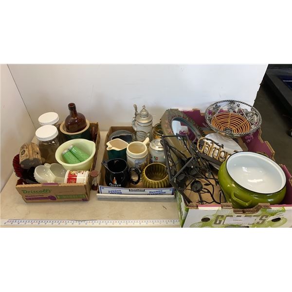 3 TRAYS OF STEINS, PITCHERS, KITCHEN ITEMS, VINTAGE UTENSILS, MIRROR, TEALIGHT STAND