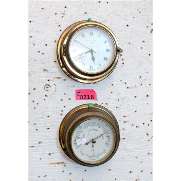 6  Brass Wall Clock and 2 Barometers