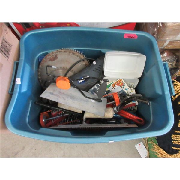 Tote of Saw Blades, Trowels, and More