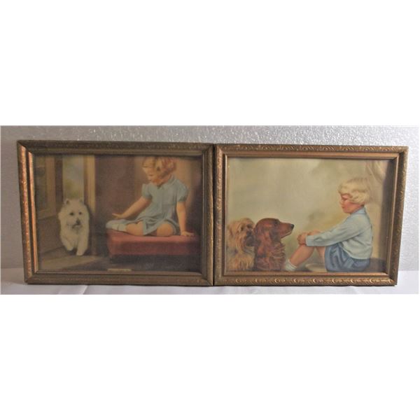 TWO Vintage Framed Child and Dog Prints