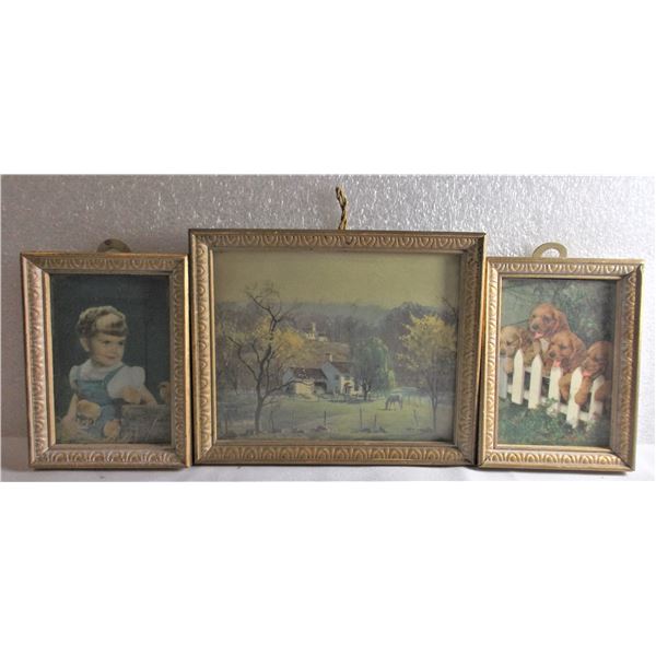 THREE Vintage Framed Miniature Prints - Farm Life - Dollhouse Artwork