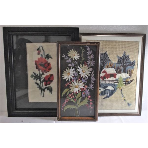THREE Framed Cross Stitches - Poppies, Flowers, Farm/Maple Leaf