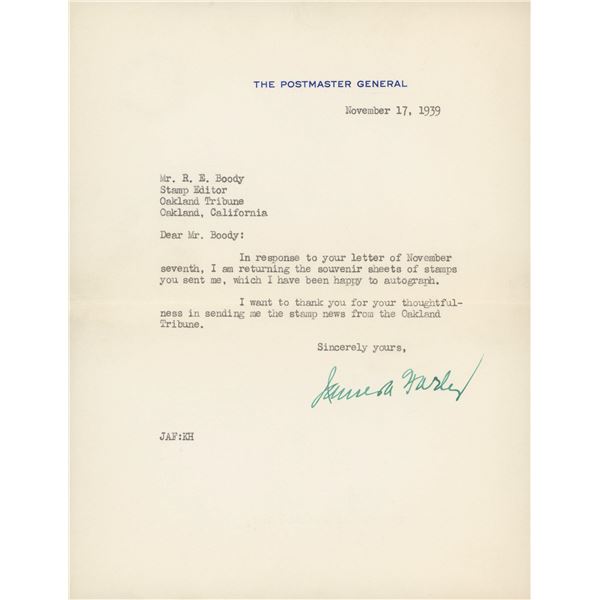 James A. Farley signed letter