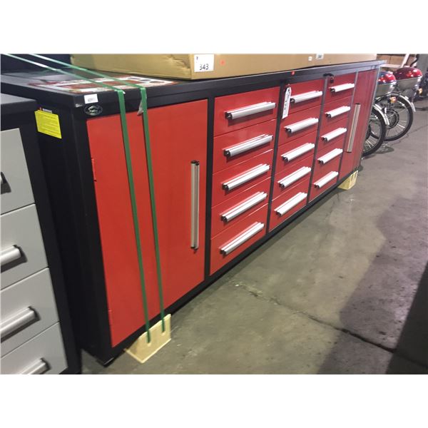 RED STEELMAN 15 DRAWER WORK BENCH H36" X W113" X D29" WITH ANTI-SLIP LINING