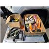 Image 2 : 2 TIER MOBILE WOOD WORK TABLE WITH 3 BOXES AND 2 BAG OF ASSORTED STRAPS AND RATCHET TIE DOWNS