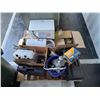 Image 2 : PALLET OF ASSORTED HARDWARE AND OFFICE SUPPLIES INCLUDING HAND CRANK WINCH, HEAVY SCREW-IN GROUND
