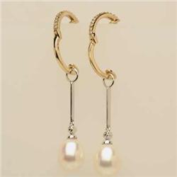 Genuine .14ct Diamond & Pearl Earrings 14K 2tone Gold