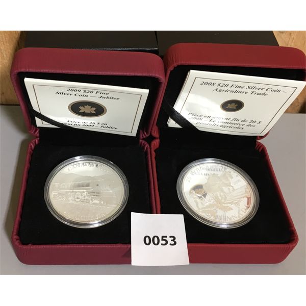 LOT OF 2 - 2008 & 2009 RCM $20 FINE SILVER COINS 