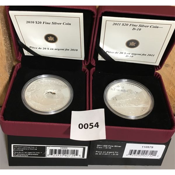 LOT OF 2 - 2010 & 2011 RCM $20 FINE SILVER COINS 