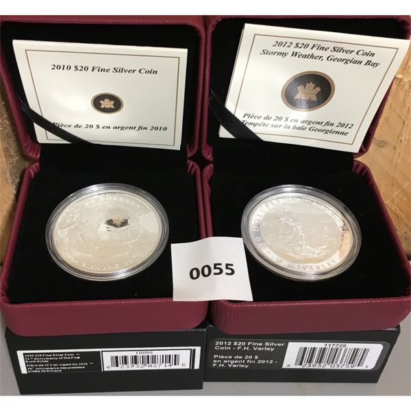 LOT OF 2 - 2010 & 2012 RCM $20 FINE SILVER COINS 