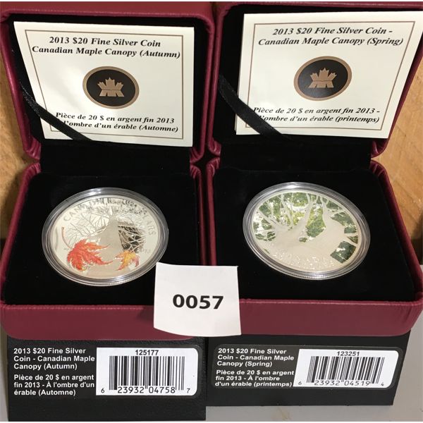 LOT OF 2 - 2013 RCM $20 FINE SILVER COINS 