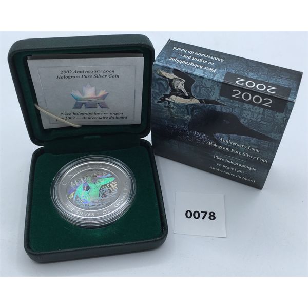 2002 ANNIVERSARY LOON HOLOGRAM PURE SILVER 1 OUNCE COIN