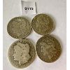 Image 1 : LOT OF 4 - 1884/85/91/99 - MORGAN SILVER DOLLARS