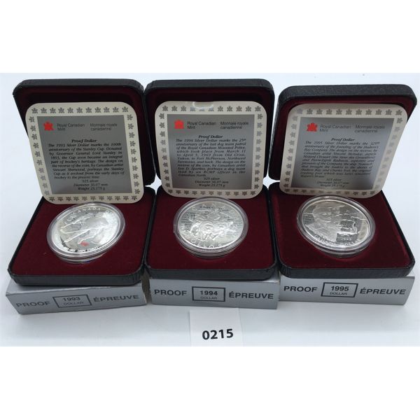 LOT OF 3 - 1993, 94, 95 RCM PROOF SILVER DOLLARS