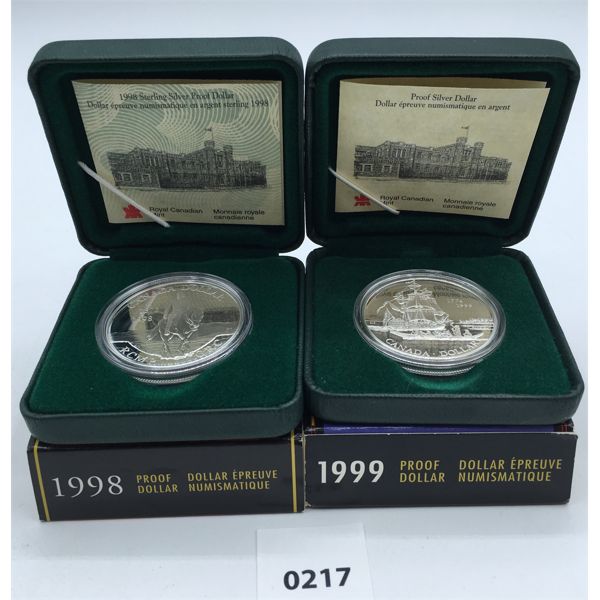 LOT OF 2 - 1998 & 1999 PROOF SILVER DOLLARS