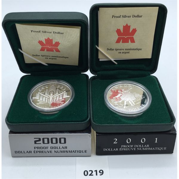 LOT OF 2 - 2000 & 2001 PROOF SILVER DOLLARS