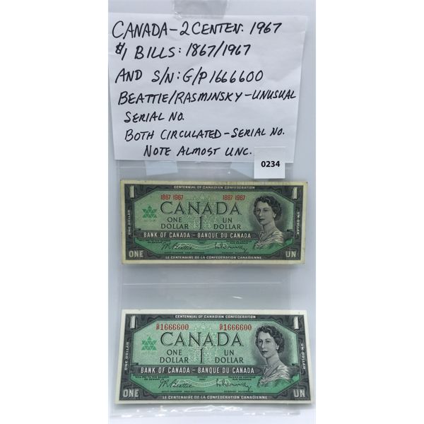 LOT OF 2 - CANADIAN 1967 $1 BILLS