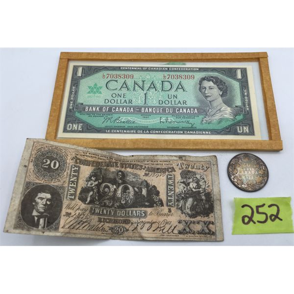 LOT OF 3 - $1 CANADIAN BILL, US CONFEDERATE $20, AND 1913 CANADA 50 CENT PIECE