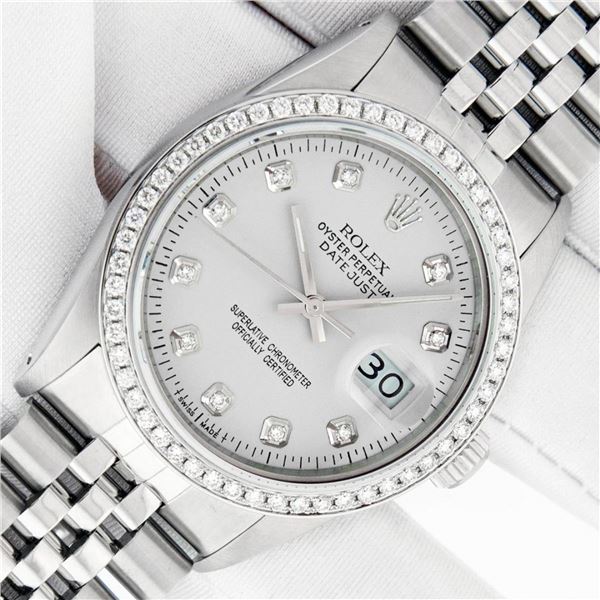 Rolex Mens 36 Silver Diamond Stainless Steel With Rolex Box