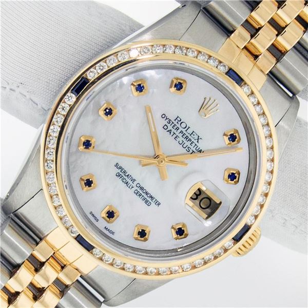 Rolex Mens 2 Tone MOP Sapphire Diamond Channel Set Datejust 36MM Oyster Perpetua