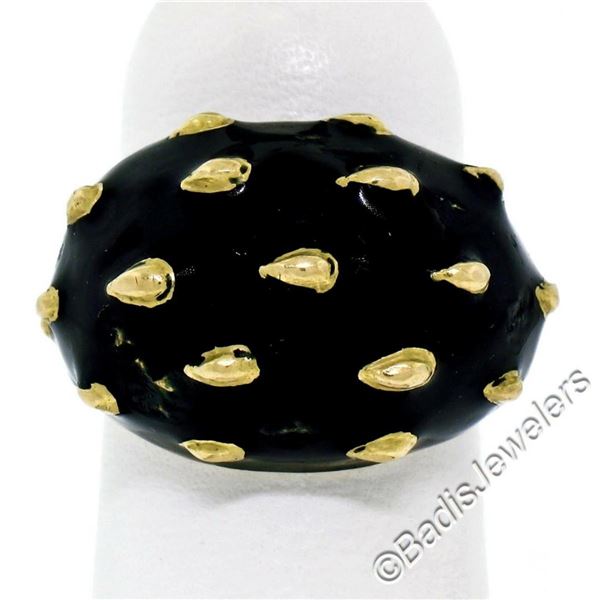 Vintage 18kt Yellow Gold Black Enamel Raised Dot Wide Domed Cocktail Ring