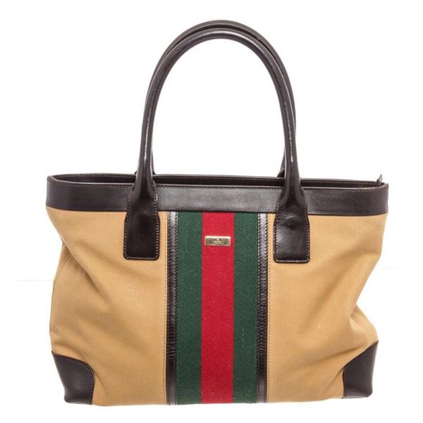 Gucci Brown Coated Canvas Web Tote Bag