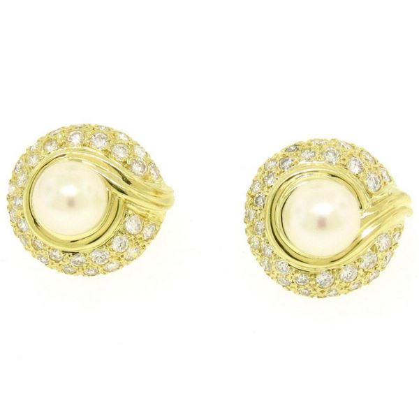 18kt Yellow Gold 1.25 ctw Cultured Pearl and Diamond Button Earrings