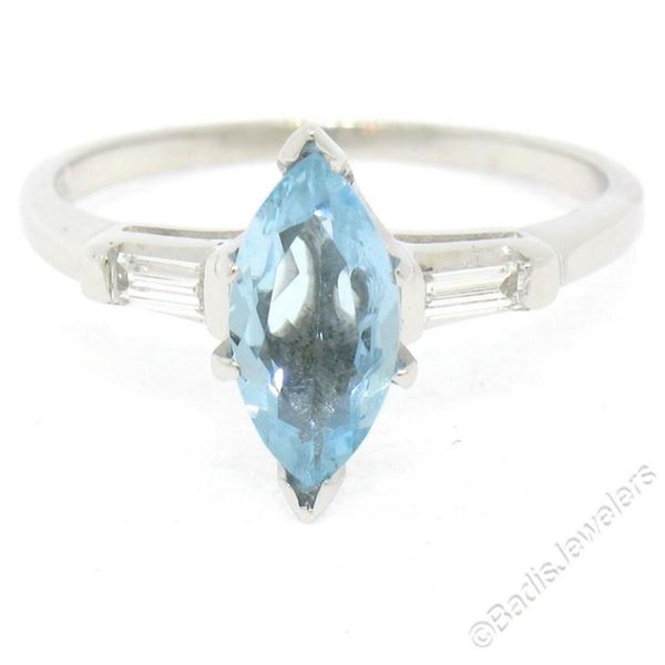 Vintage 14kt White Gold 1.20 ctw Marquise Aquamarine and Baguette Diamond Ring