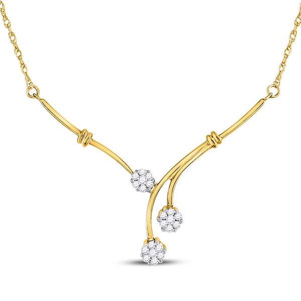 Round Diamond Triple Flower Cluster Necklace 1/4 Cttw 14KT Yellow Gold
