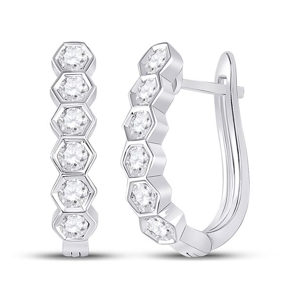 Round Diamond Hexagon Hoop Earrings 5/8 Cttw 14KT White Gold