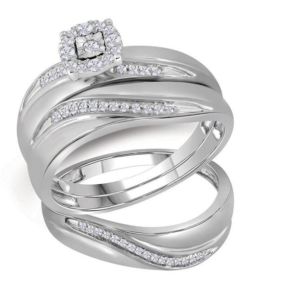 Trio Matching Halo Wedding Bridal Ring Set 1/5 Cttw 10KT White Gold