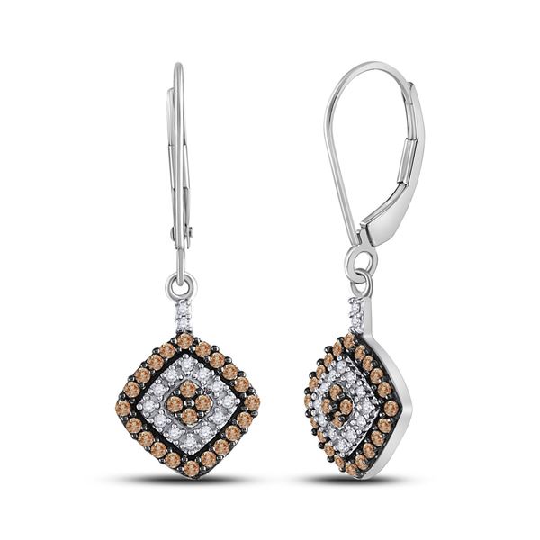 Round Brown Diamond Square Dangle Earrings 1/2 Cttw 10KT White Gold