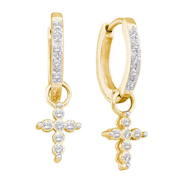 Round Diamond Cross Dangle Hoop Earrings 1/10 Cttw 10KT Yellow Gold
