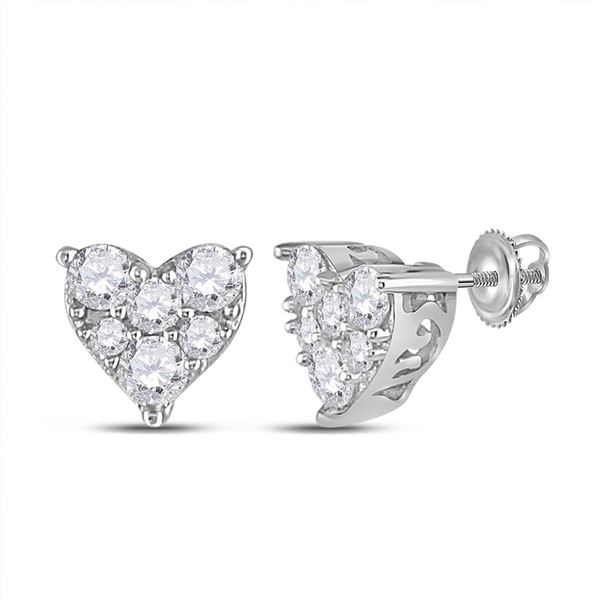 Round Diamond Heart Cluster Stud Earrings 1/3 Cttw 10KT White Gold