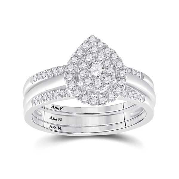 Diamond Teardrop Cluster 3-Piece Bridal Wedding Ring Band Set 1/2 Cttw 14KT White Gold