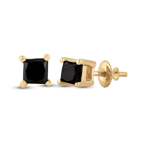Princess Black Color Enhanced Diamond Stud Earrings 1/2 Cttw 10KT Yellow Gold