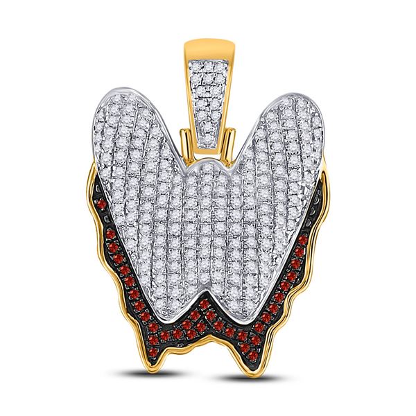 Round Red Color Enhanced Diamond Letter W Blood Charm Pendant 5/8 Cttw 10KT Yellow Gold