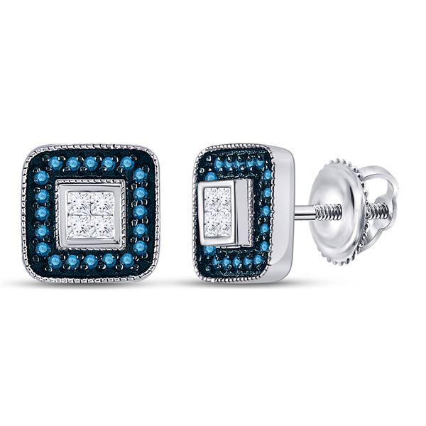 Round Blue Color Enhanced Diamond Square Cluster Earrings 1/3 Cttw 10KT White Gold