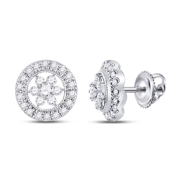 Round Diamond Circle Floral Cluster Earrings 3/8 Cttw 14KT White Gold