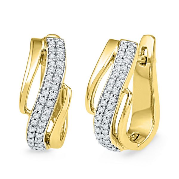 Round Diamond Diagonal Double Row Hoop Earrings 1/4 Cttw 10KT Yellow Gold