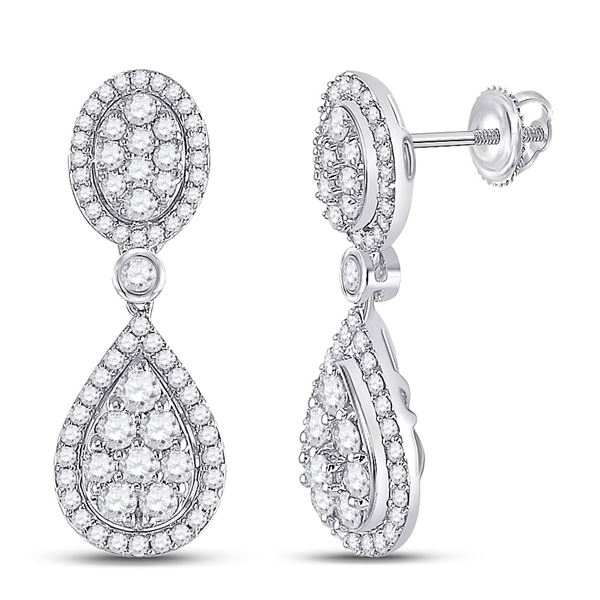 Round Diamond Teardrop Dangle Earrings 7/8 Cttw 14KT White Gold