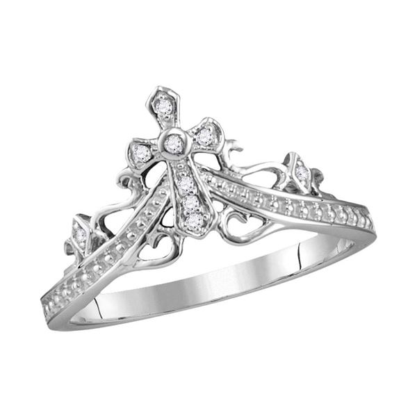 Round Diamond Cross Crown Tiara Band Ring 1/20 Cttw 14KT White Gold