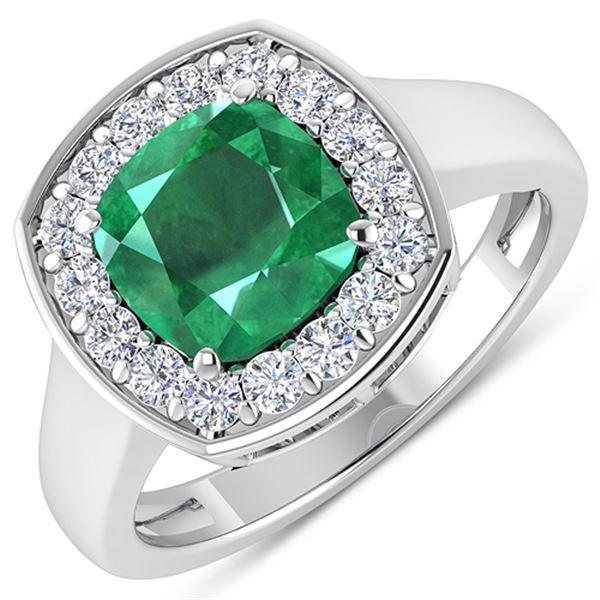 Natural 2.48 CTW Zambian Emerald & Diamond Ring 14K White Gold - REF-108T7H