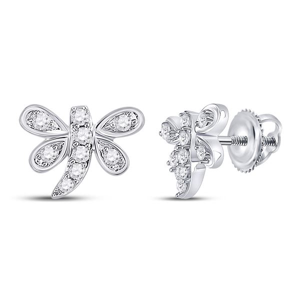 Round Diamond Butterfly Bug Earrings 1/8 Cttw 10KT White Gold