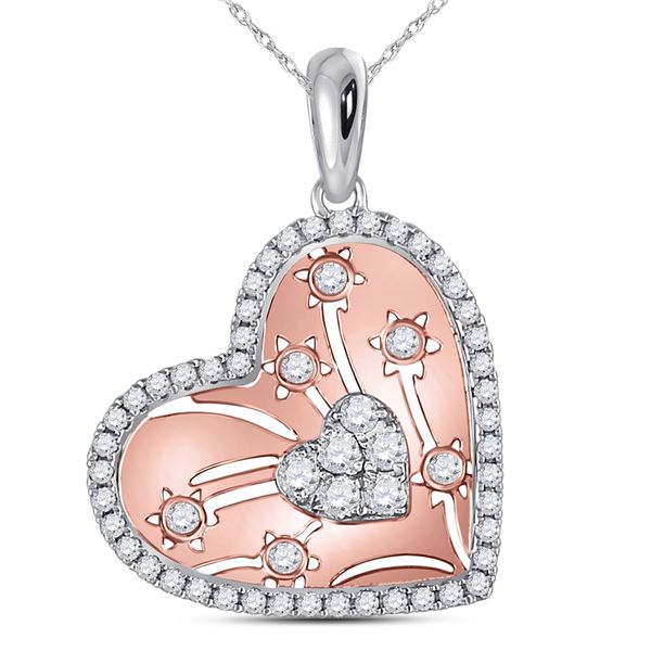 Round Diamond Floral Cluster Heart Pendant 1/2 Cttw 14KT Two-tone Gold